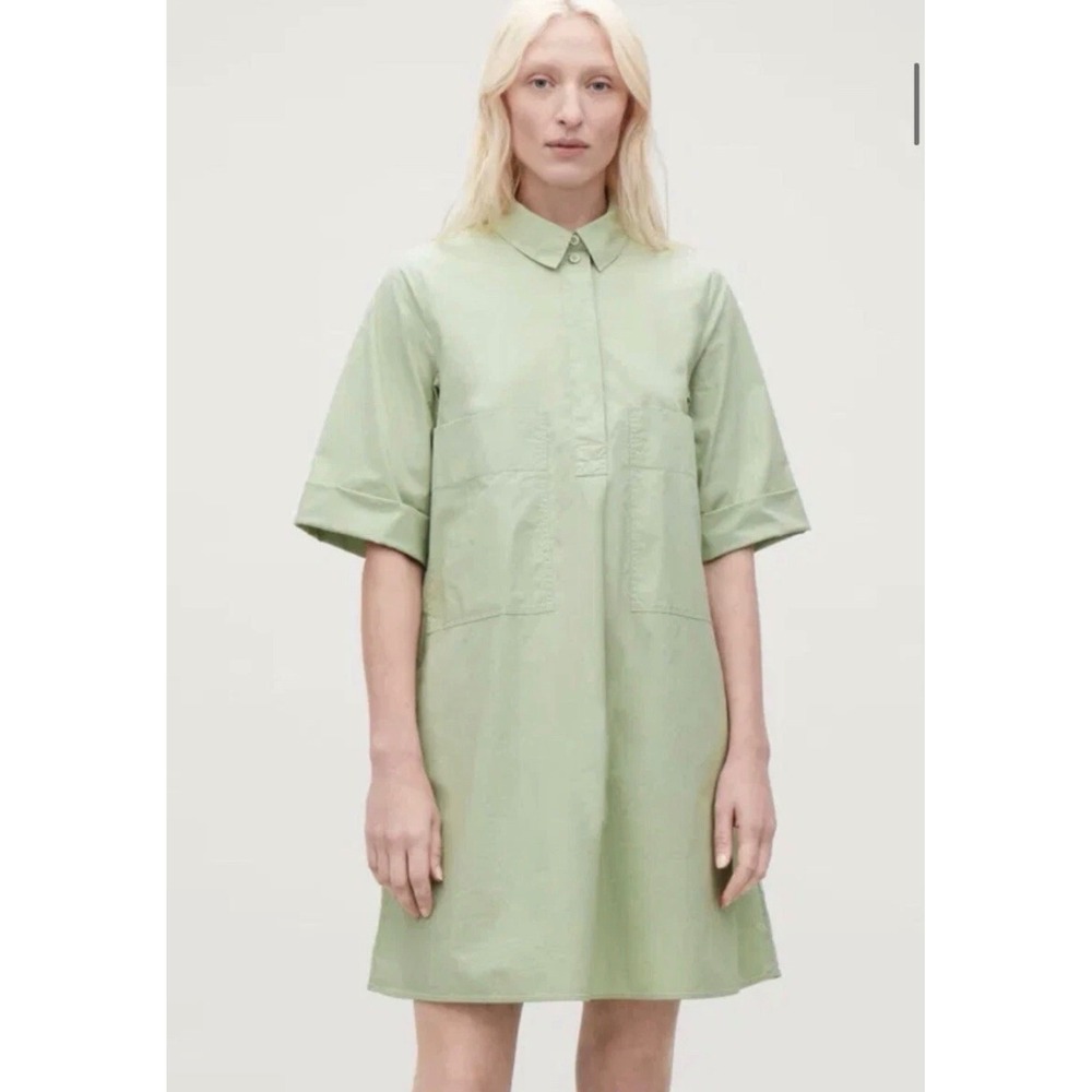 COS Sage Green Cotton Blend Oversized Short Sleeve Shirt Dress Small Fits Large